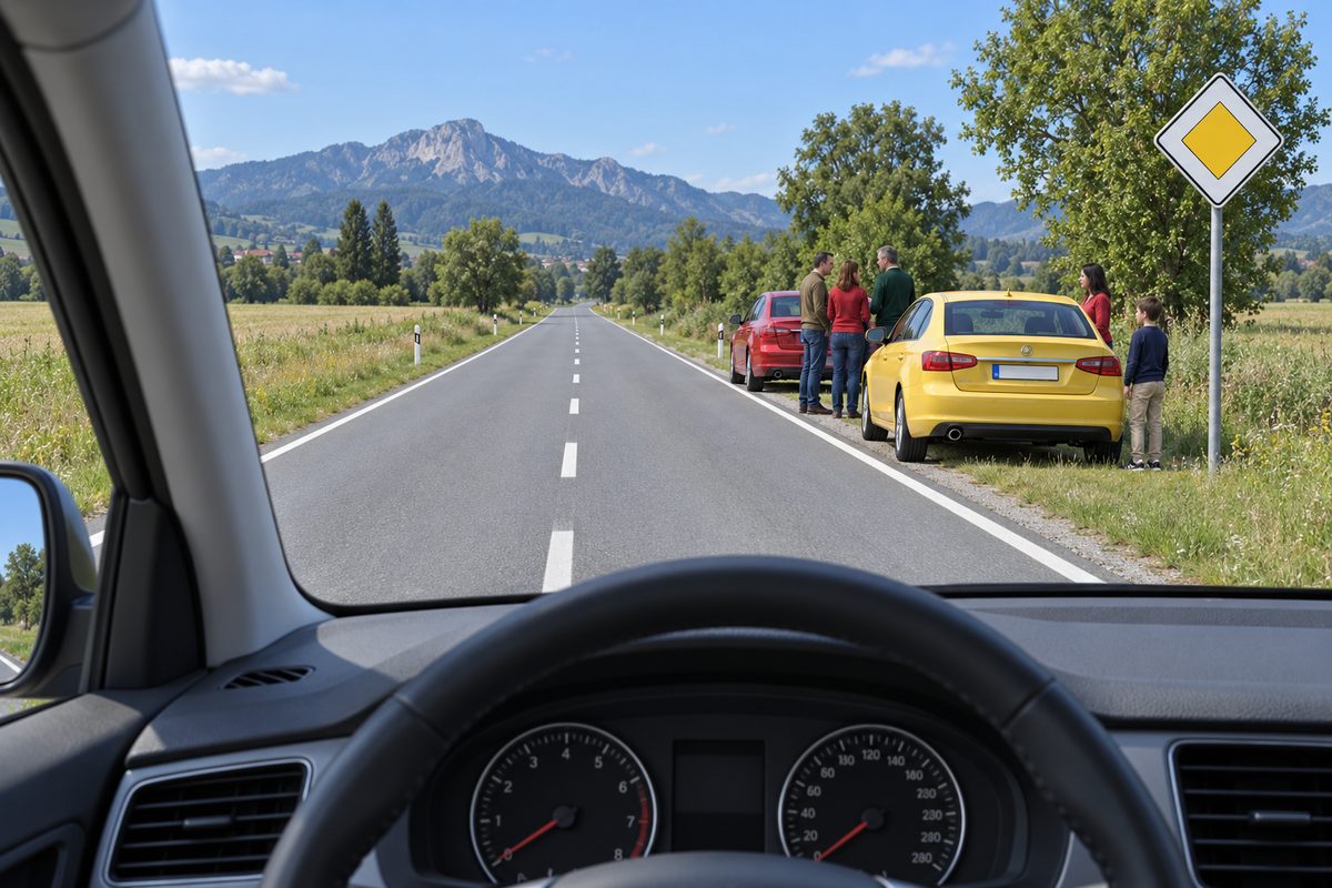 A yellow car behind a red car at the right roadside, with five people beside them and a yellow diamond sign on a post.