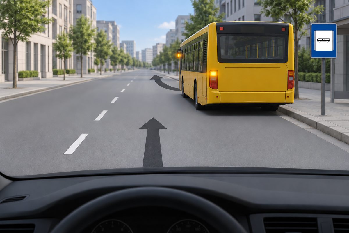 A yellow bus at a right-side stop with illuminated left indicators, a curved departure arrow and a straight arrow in the driver’s lane.