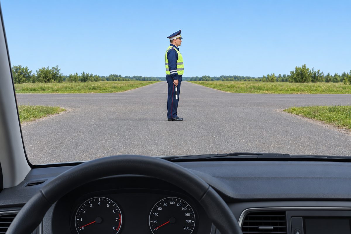 View from a car at an empty four-way junction. A traffic controller faces right in profile with both arms lowered.