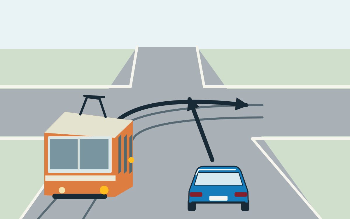 Rear view of a blue car with a straight arrow; an orange tram on the left has amber lamps and a curved arrow following rails across the car’s path to the right.