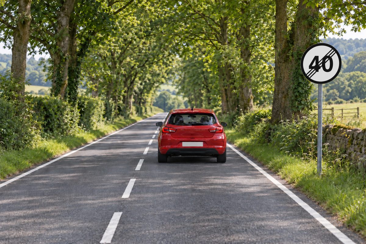 A red car travelling away on a tree-lined road beside a circular 40 sign crossed by diagonal black strokes.