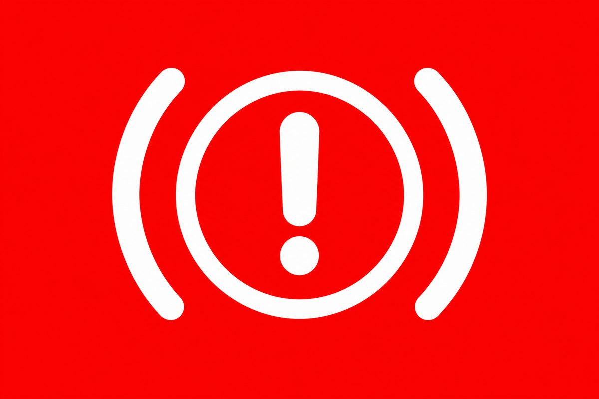 White exclamation mark inside a circle and two outer arcs on red.
