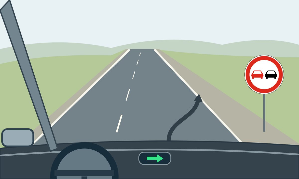 View from a car with a right indicator, a circular roadside sign and a manoeuvre arrow.