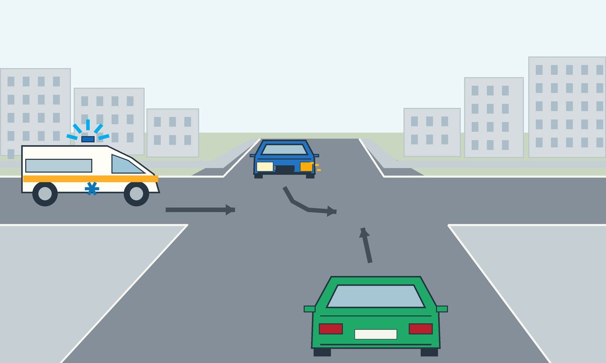 Three vehicles at a junction with directional arrows and illuminated vehicle signals.