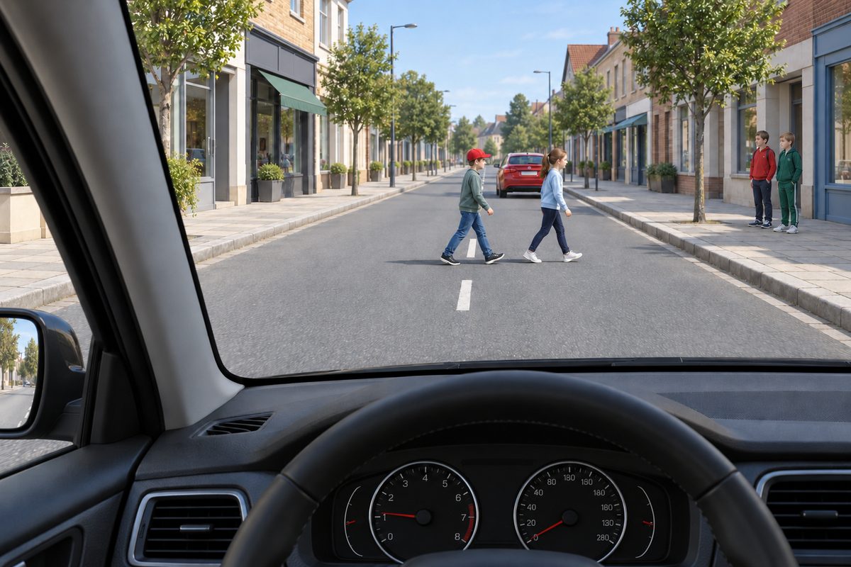 Two children walk right near the center of an urban road: the leading girl is already in the driver's right lane and the trailing boy is at the dashed centerline. Two boys stand on the right sidewalk, and a red car is seen from behind farther ahead.