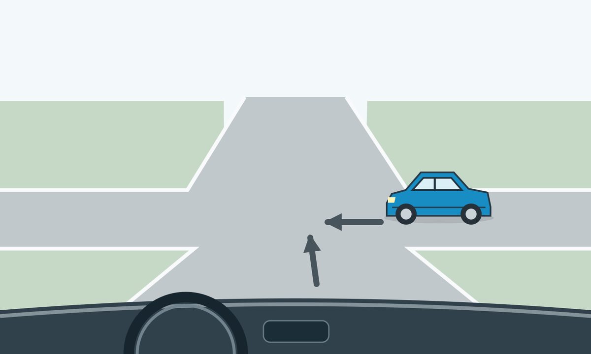 Driver view at an unsigned four-way junction, with a straight foreground arrow and a single blue car at the right beside an arrow pointing left.
