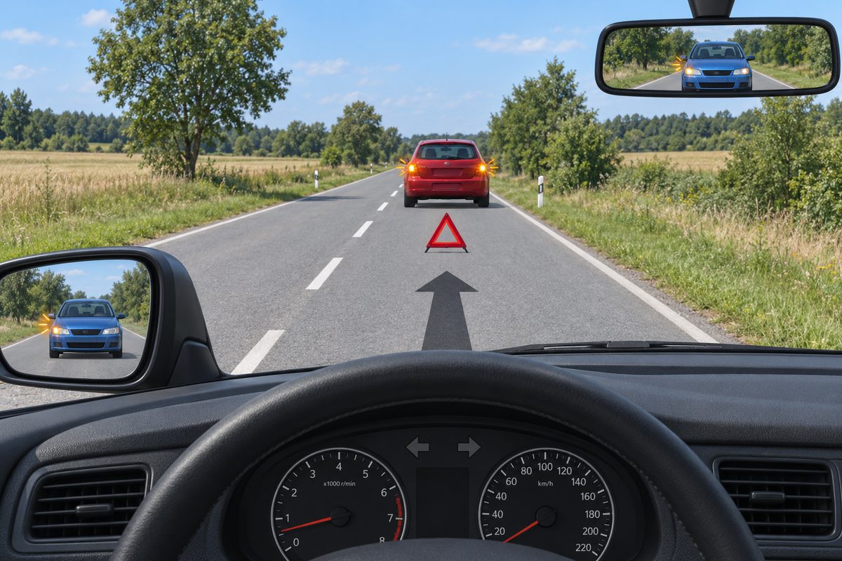 Driver view toward a red car with both rear amber lamps lit, a red triangle behind it and a straight arrow on the road. Both mirrors show a blue car with an amber lamp on the left of the reflection. The centre line is broken and dashboard arrows are gray.