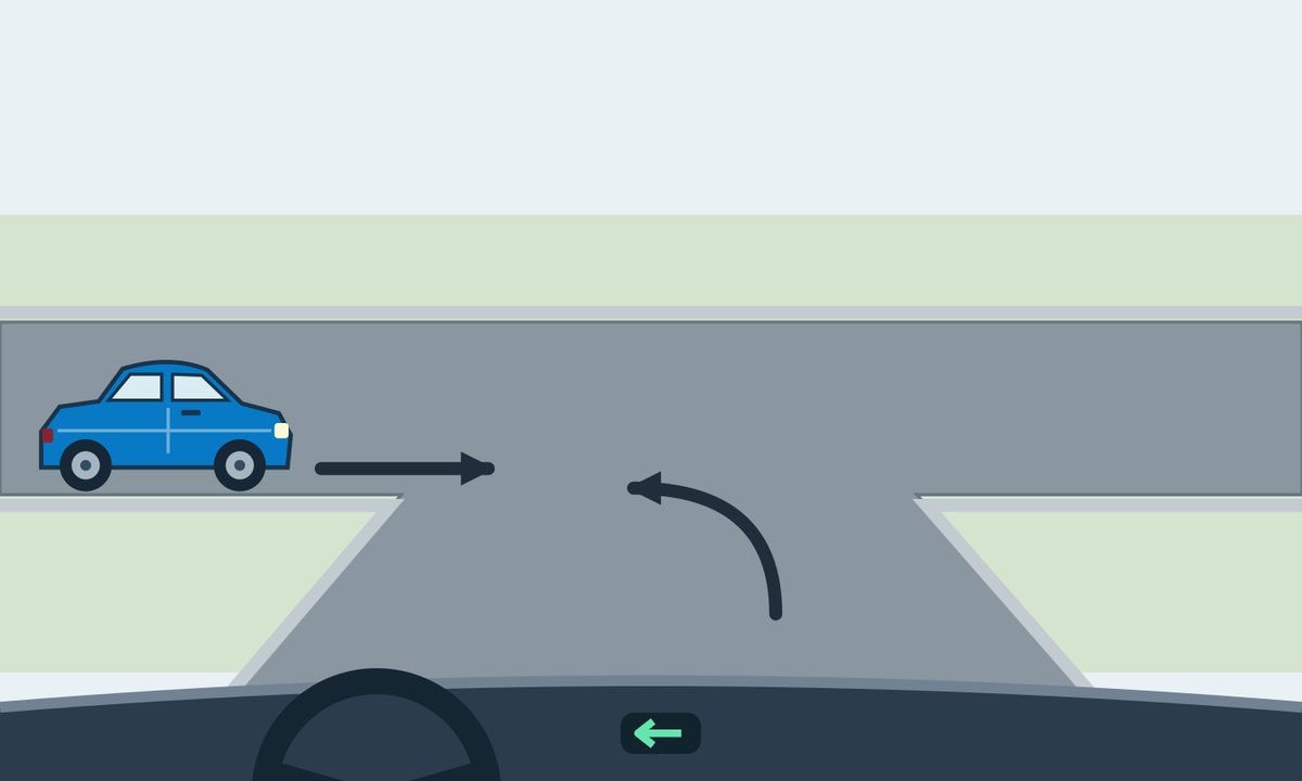 Driver’s view of an unsigned T-junction, signaling a left turn; a blue car approaches from the left.