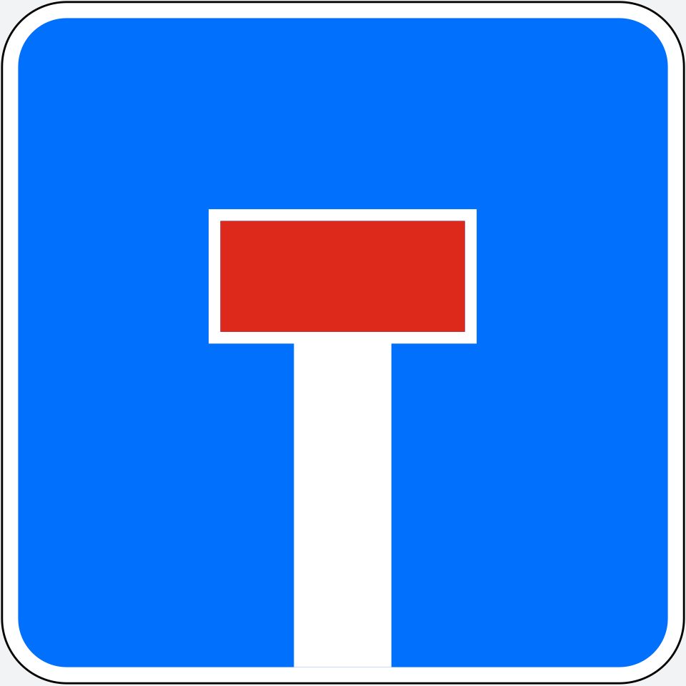 Blue square with a white border; a thick vertical white line rises from the bottom to a horizontal red block outlined in white.