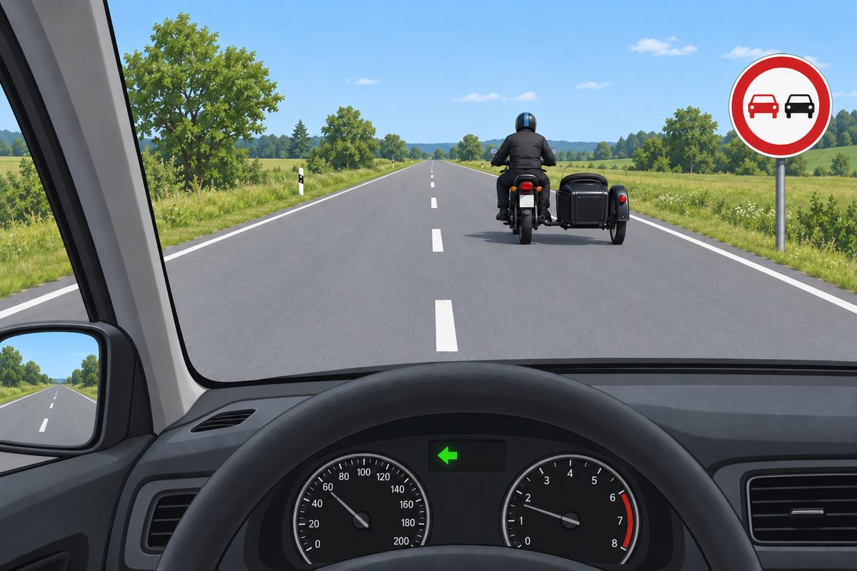 Driver view beside a broken white centre line, with a motorcycle and attached right-side sidecar ahead to the right. A red-ringed two-car sign stands on the right; a green left arrow glows on the dashboard.