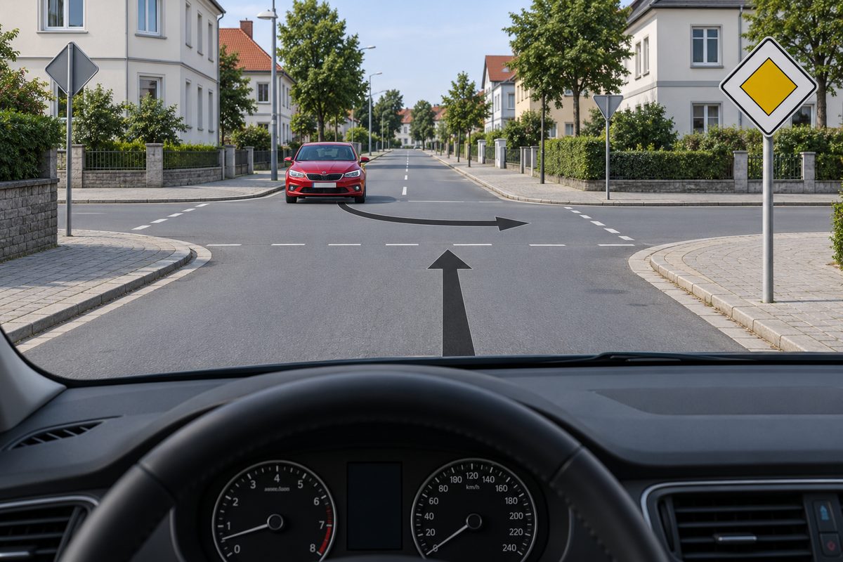 Junction with a priority-road diamond and an oncoming red car with a curved arrow across the viewer’s straight path.