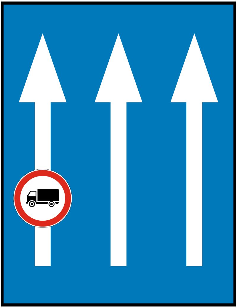 Portrait blue rectangle with a black border; three parallel white arrows pointing straight up. A small white circle with a red border and black left-facing truck overlays the lower part of the left arrow.