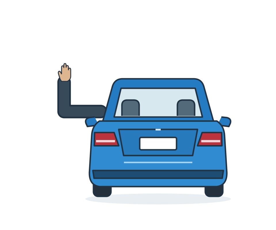 Rear of a blue car with the driver’s left arm bent upwards at the elbow.