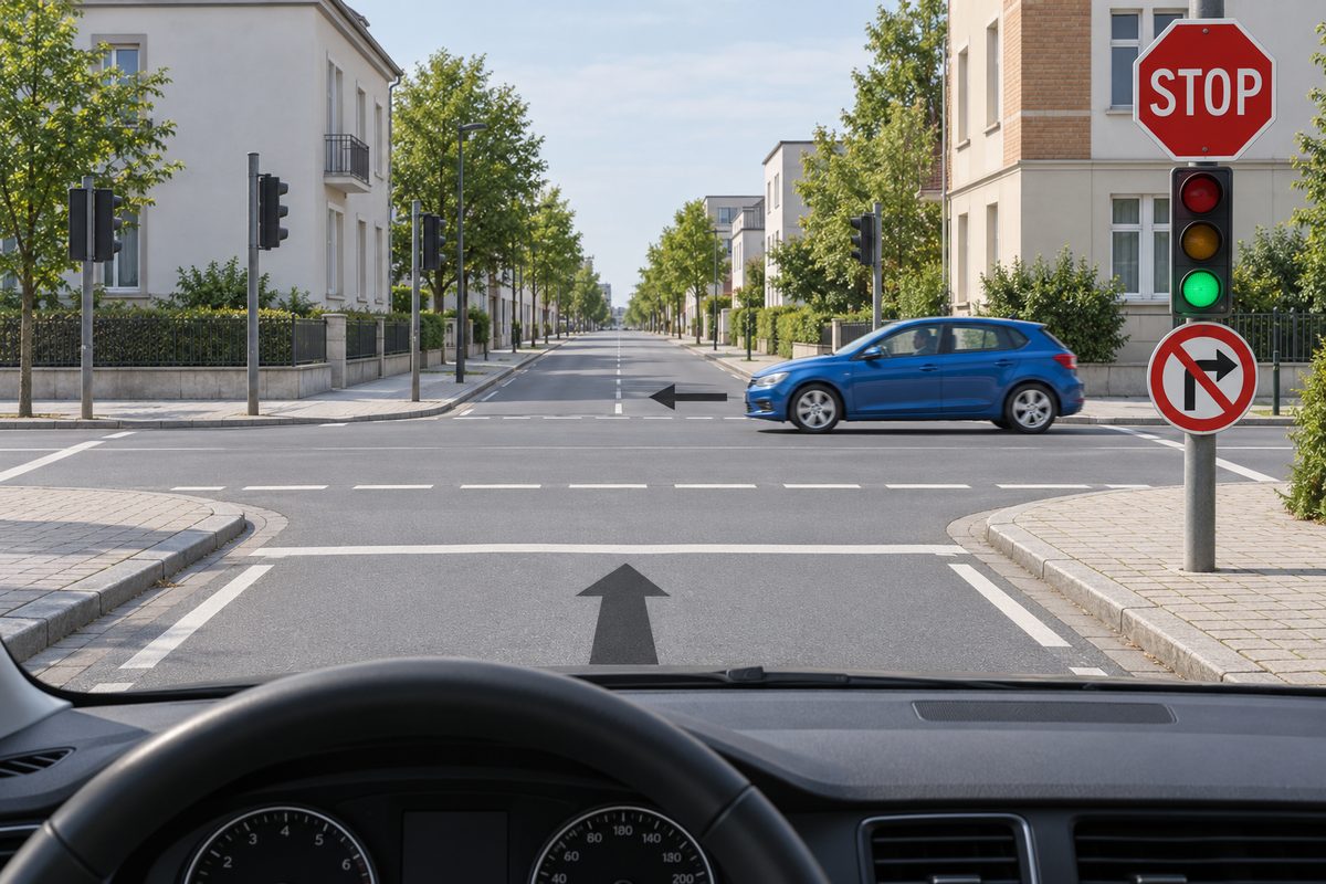 Driver view with a STOP sign, green traffic light and circular white sign with a red border and diagonal red bar across a black arrow bending right on the right; a blue car crosses from right to left.