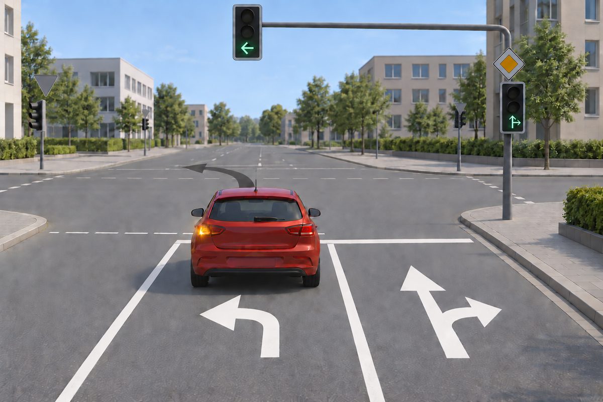A red car signals left in a left-turn lane beneath a green left arrow; the adjacent lane and signal show straight/right arrows.