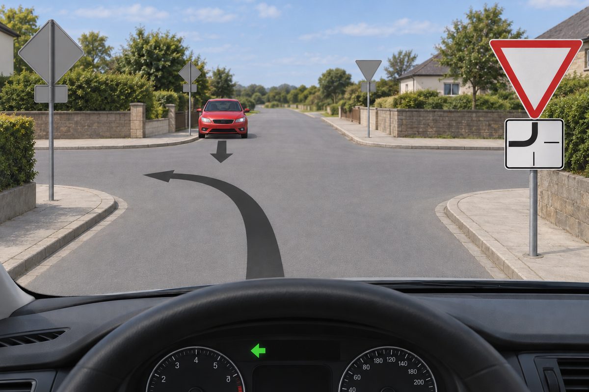 Driver view with a green left indicator and a left-turn arrow. An oncoming red car has a straight arrow toward the foreground. The near-right downward-pointing white triangle with a red border stands above a plate with a thick top-to-left route and thin bottom and right branches.