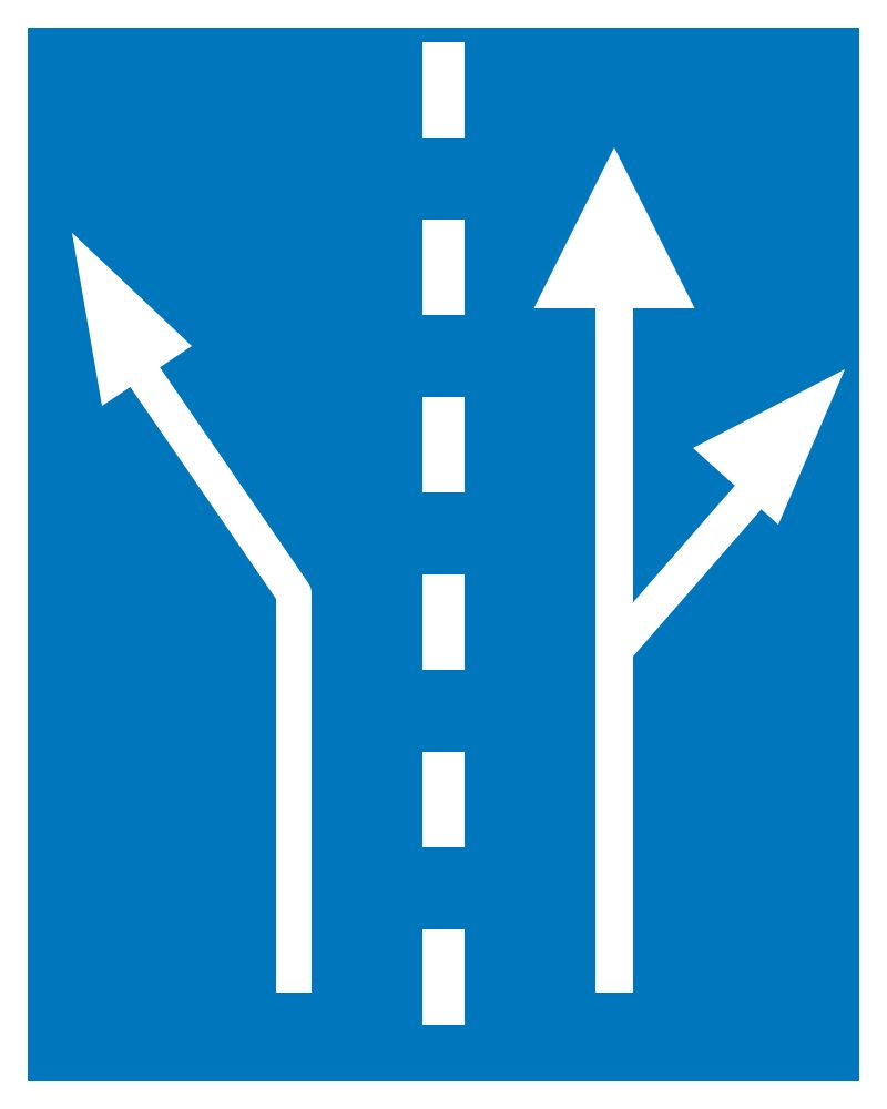 Blue rectangle with one dashed white lane divider, a left shaft turning diagonally left, and a right shaft with upward and diagonal-right arrowheads.