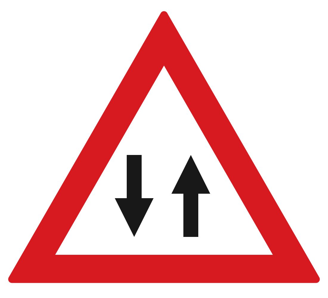 Red-bordered white triangle with two black vertical arrows, pointing down on the left and up on the right.