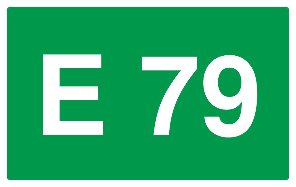 Green rectangle bearing white “E 79”.
