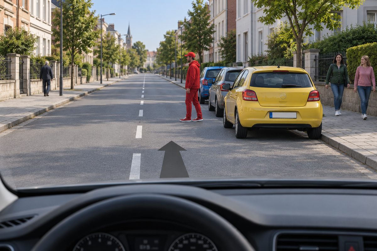A person stands beside parked cars ahead, near the traffic lane.