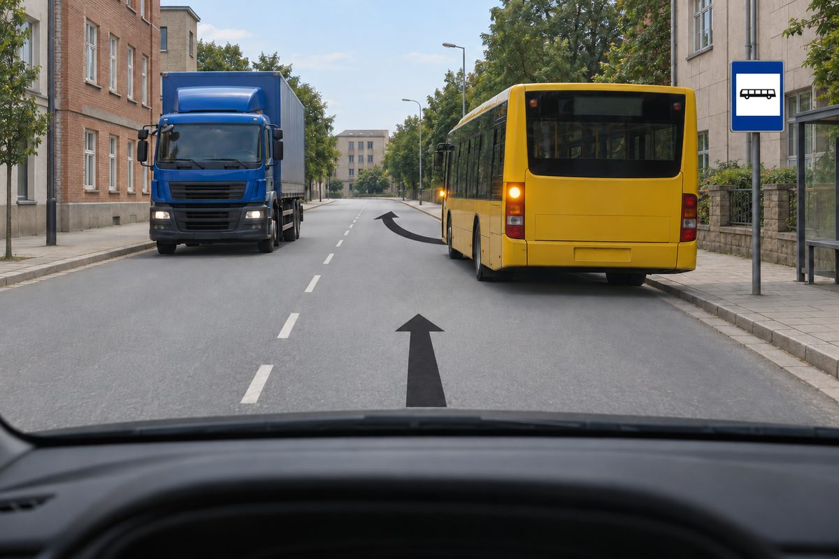 A yellow bus at a right-side stop with illuminated left indicators and departure arrows, beside a blue lorry facing the driver in the opposite lane.