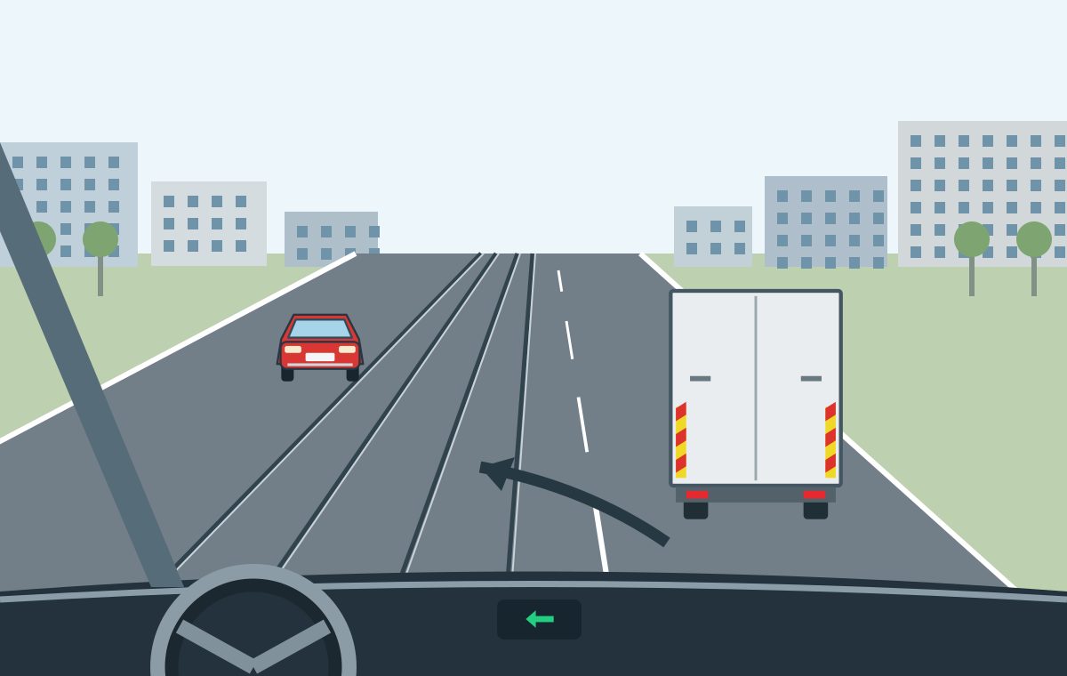 Driver view behind a goods vehicle, with tram tracks to the left, an oncoming red car, and a leftward arrow.
