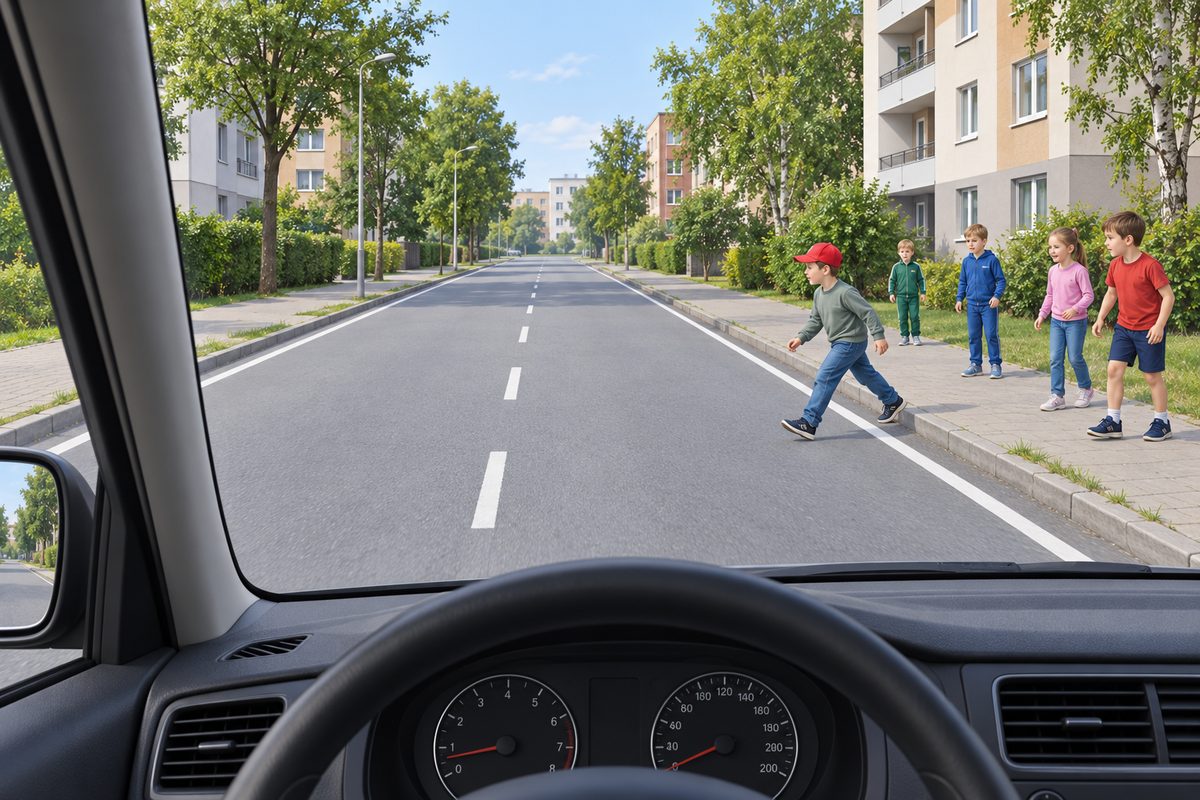Through a windscreen, a boy in a red cap steps left from the right curb while four children remain on the sidewalk.