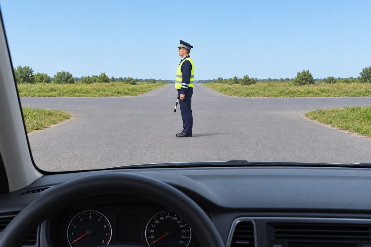 View from a car at an empty four-way junction. A traffic controller faces left in profile with both arms lowered.