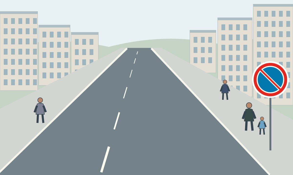 A street with a circular sign and pedestrians beside the pavements.