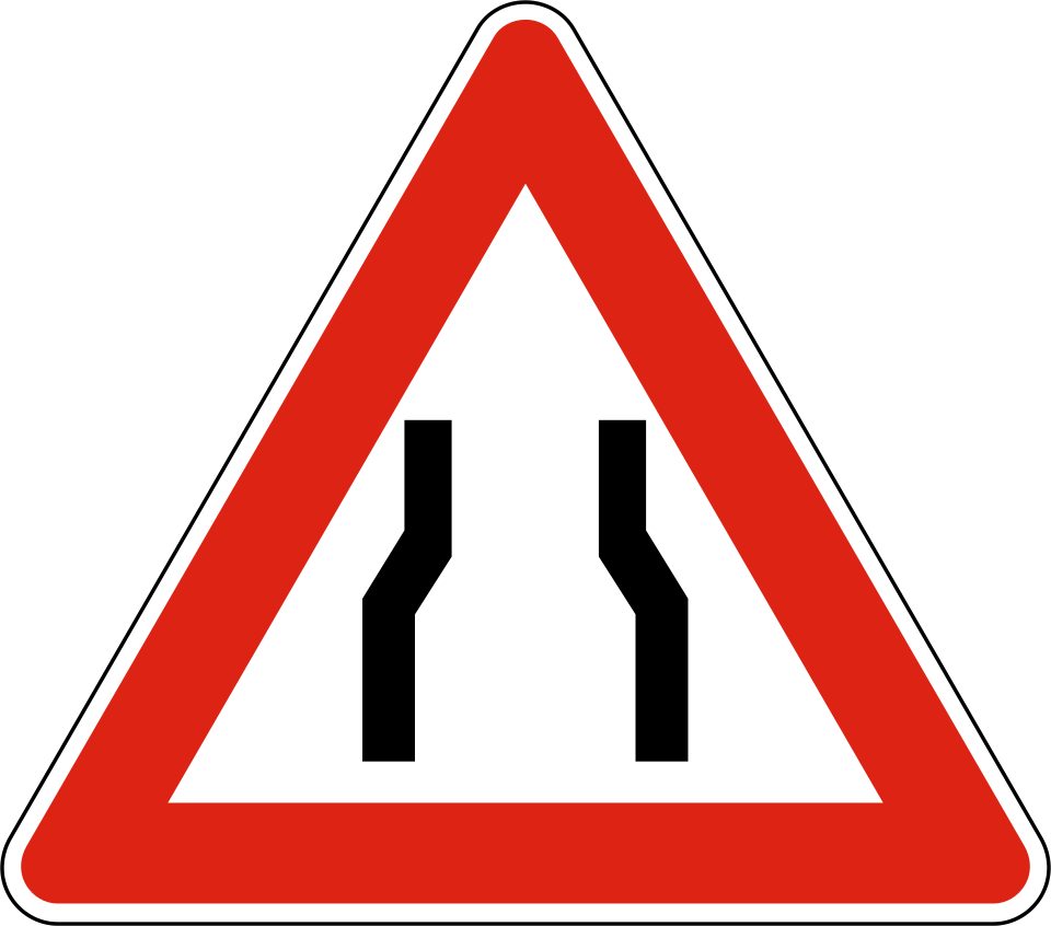 Red-bordered upright triangle; two black road edges converge symmetrically inward toward the top.