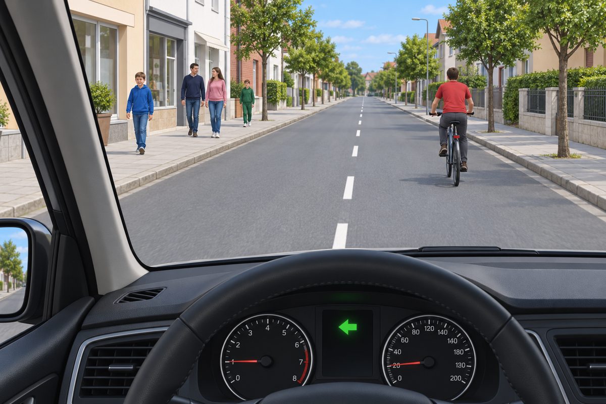 A cyclist in a red shirt is seen from behind in the right lane, four people stand on the left sidewalk, and a green left arrow glows on the dashboard.