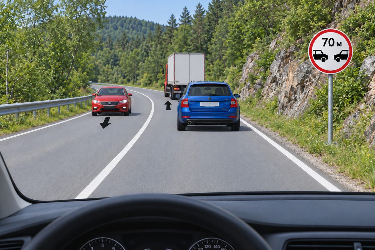 A blue car follows a white box truck on a left-curving road as a red car faces the viewer in the opposite lane; a roadside red-ringed sign shows 70 м above two black car shapes.