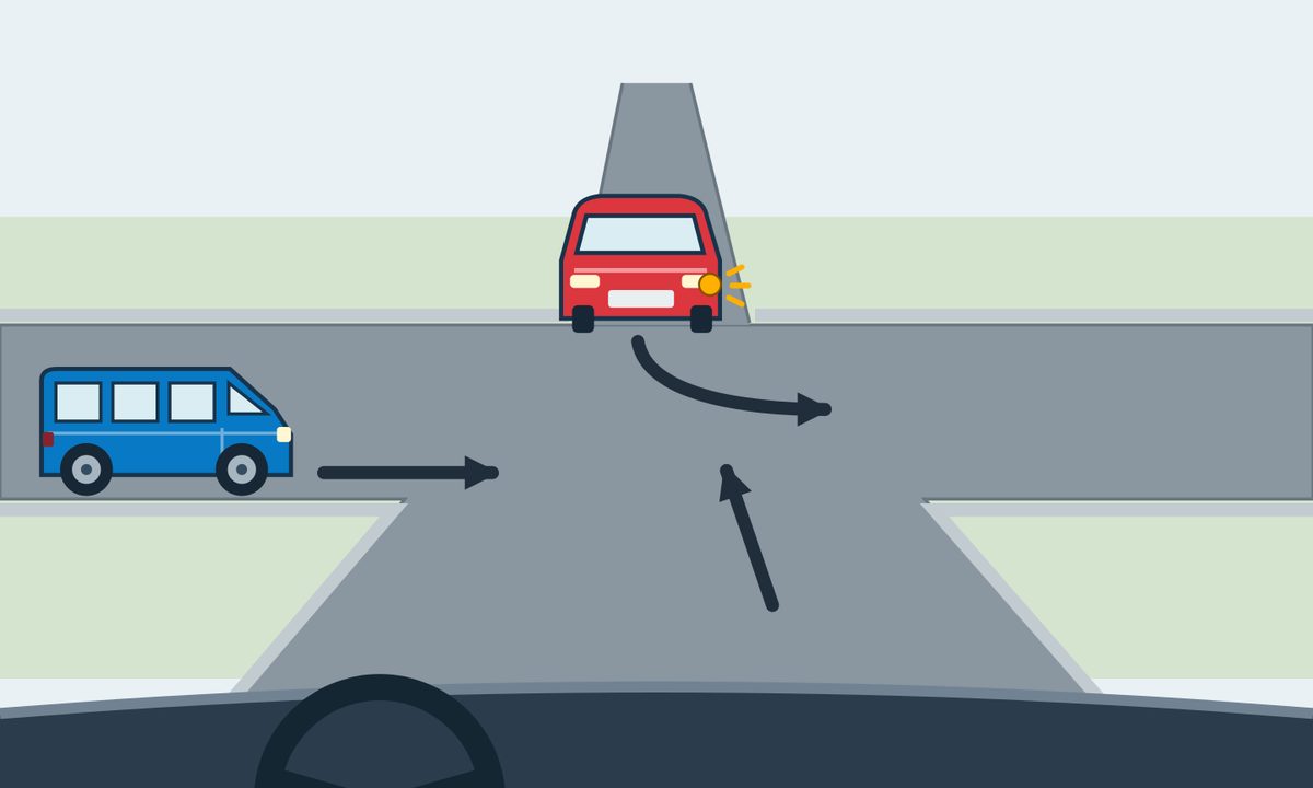Driver’s view of an unsigned crossroads, continuing straight; a blue minibus crosses from the left and an oncoming red car signals a left turn.