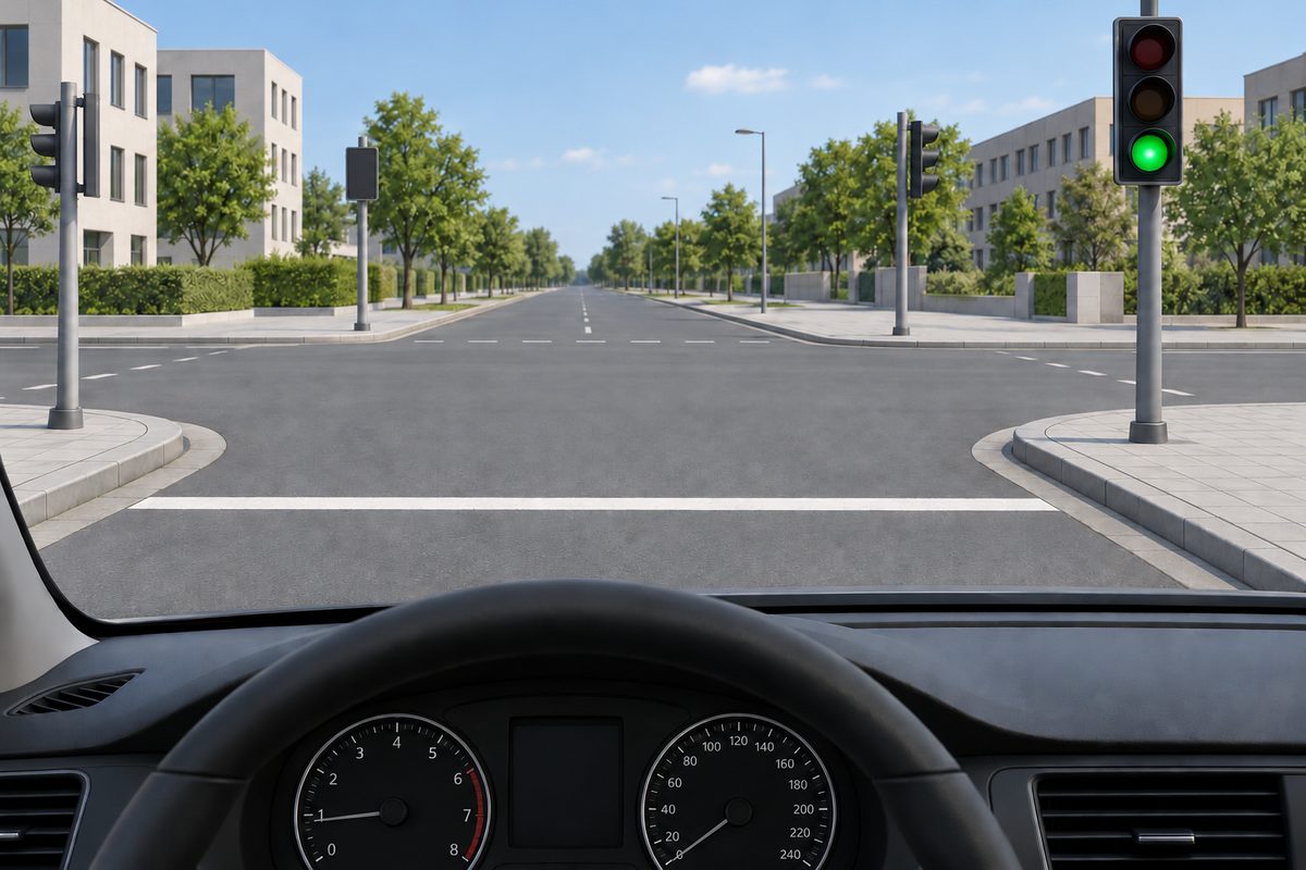 Driver view of an empty junction with a stop line and a circular green traffic signal.