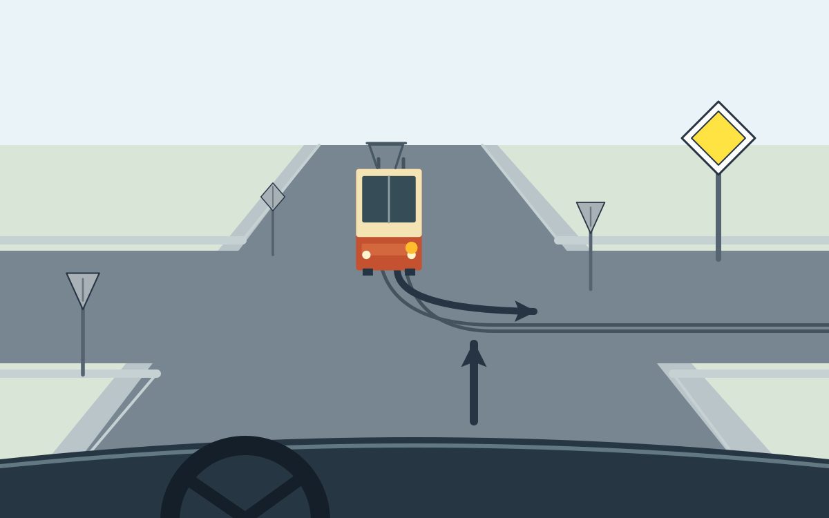 View from behind a steering wheel with a straight foreground arrow. An orange and cream tram opposite has an amber screen-right lamp, and its arrow and rails curve right across the foreground path. A yellow diamond with a white border stands at the right.
