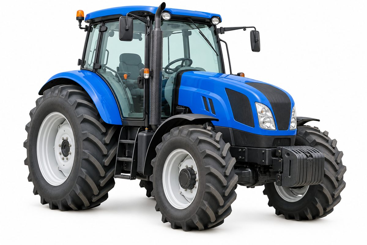 Blue agricultural vehicle with large rear tyres and smaller front tyres.