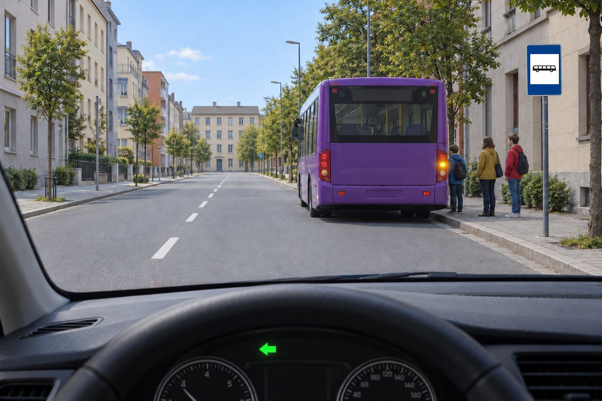 Driver’s view of a purple bus at a right-side stop with three waiting people, its right indicator lit, and a green left dashboard indicator.
