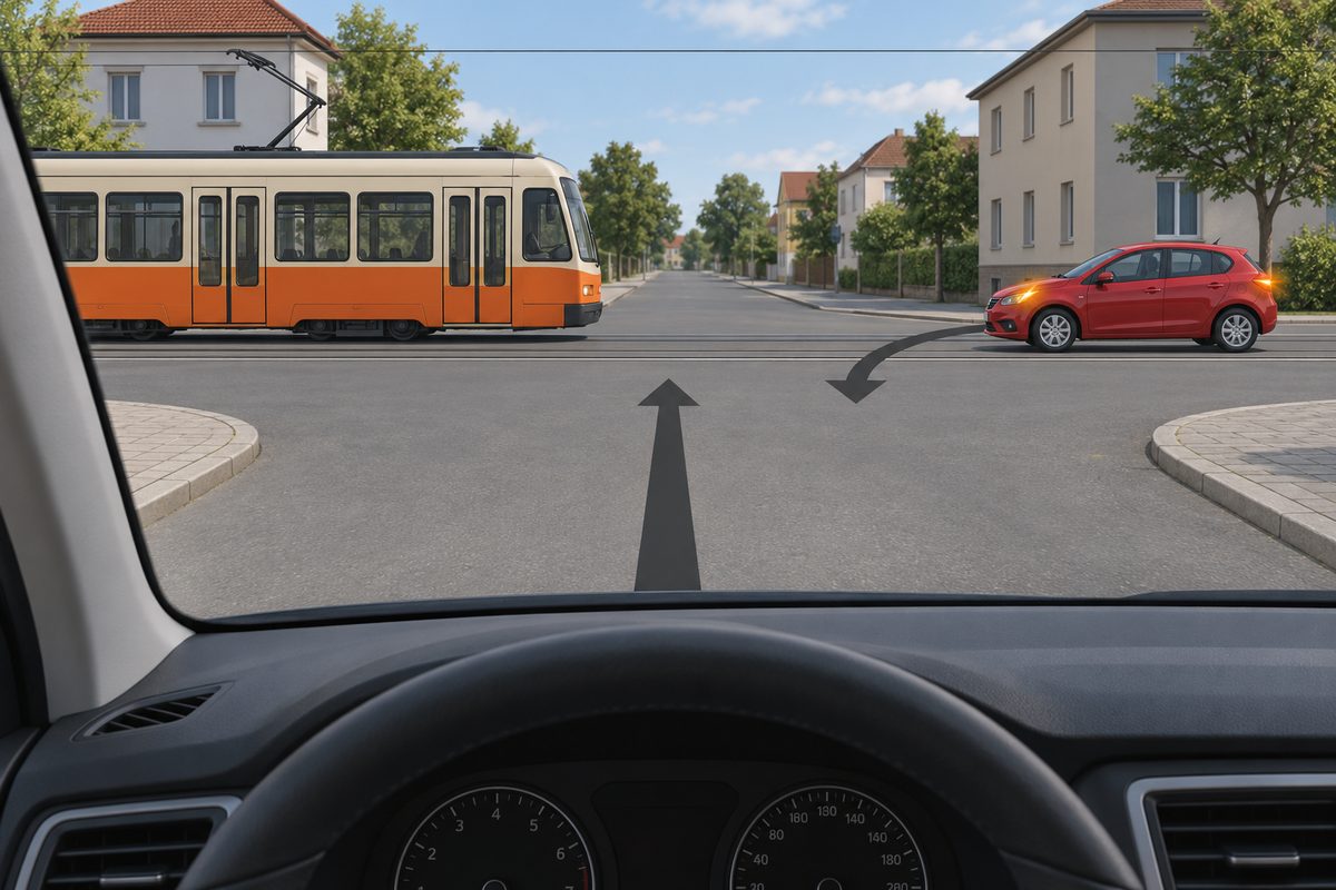 Driver view of an unsigned junction with a straight-ahead arrow, an orange-and-cream tram approaching from the left on rails, and a red car from the right signaling a turn toward the foreground.
