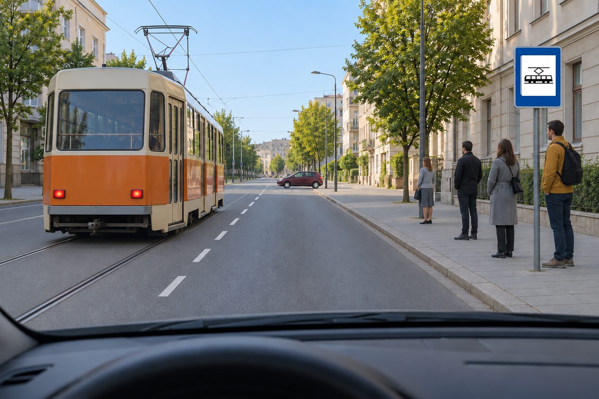 An orange-and-cream tram ahead on the left, four people at a right-side tram stop, and a maroon car across a distant junction.