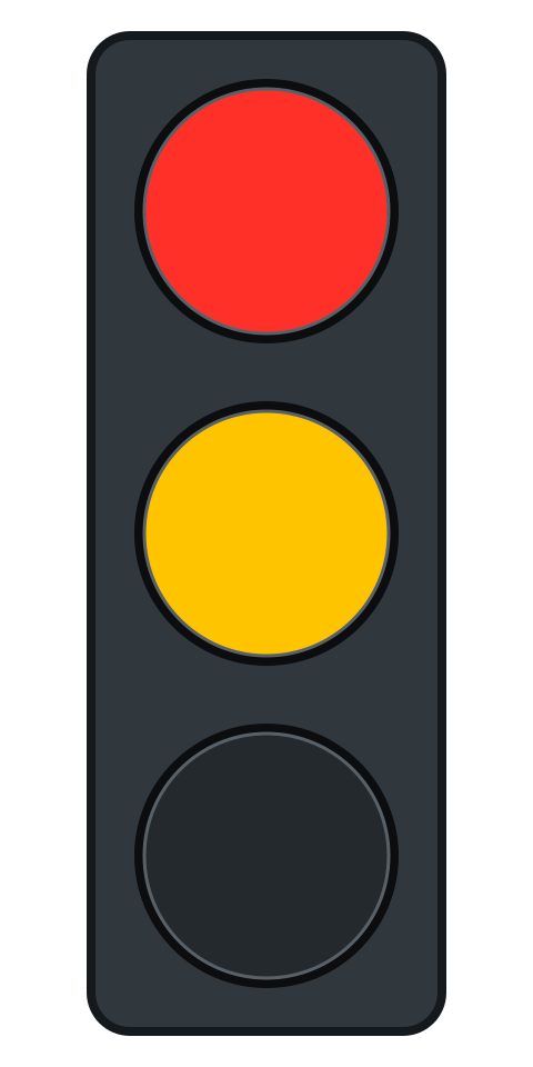 A three-lamp traffic signal with the top red and middle amber lamps illuminated together and the bottom lamp dark.