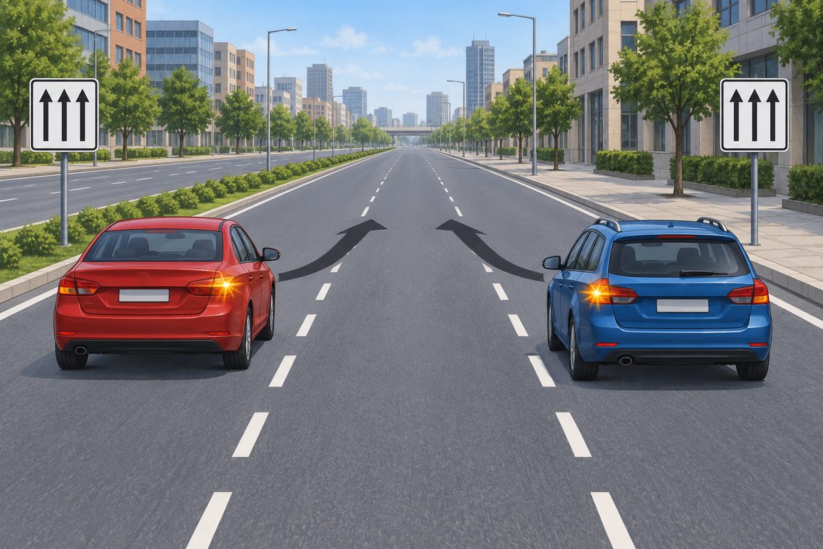 Red car in the left lane and blue estate car in the right lane, with arrows curving into the middle lane and paired signs bearing three upward arrows.