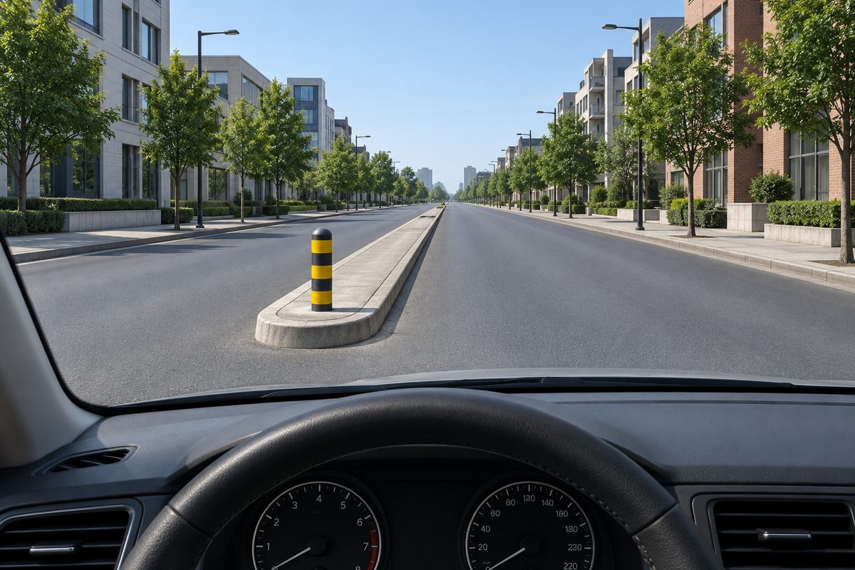 View through a windscreen of an empty street, with a long narrow raised island and a yellow-and-black bollard to the left of the vehicle. Roadway continues on both sides of the island.