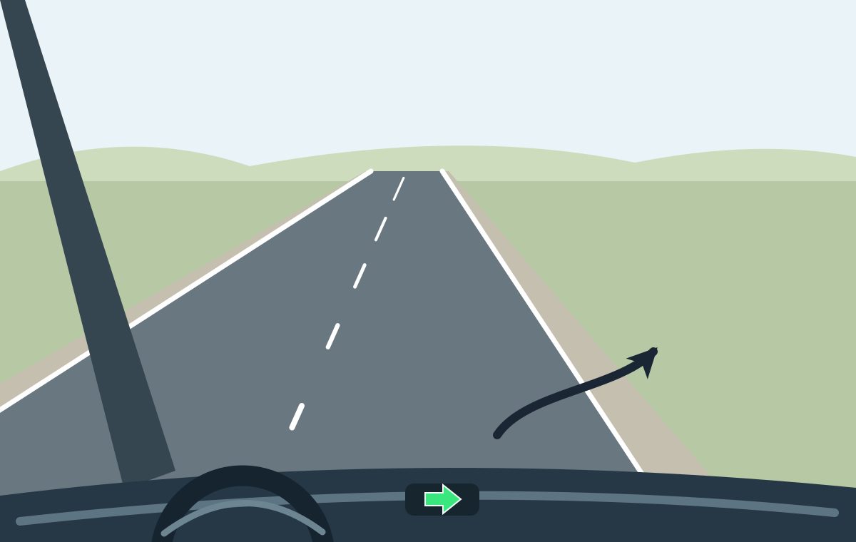 Driver view with a right indicator and curved path across the solid right edge line. A separate broken centre line is visible.