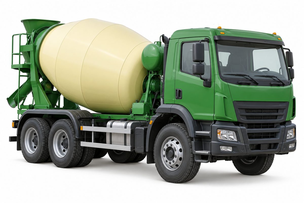 Green road vehicle with a cab and a large mixing drum.