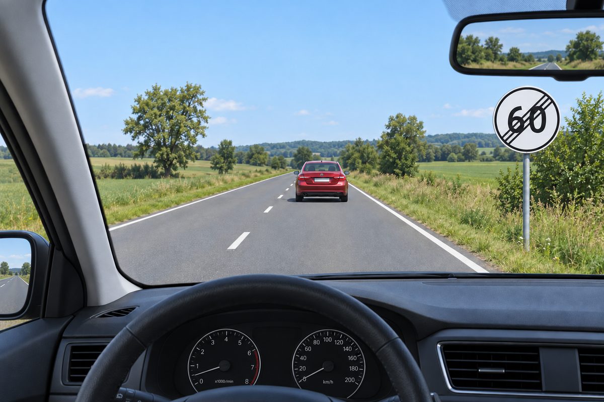View through a car windscreen of a red car ahead and a white circular 60 sign crossed by diagonal black strokes.