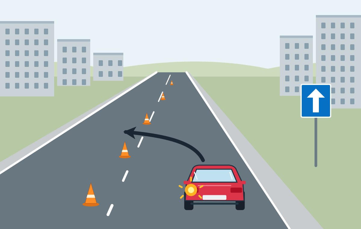 Red car signals left towards a line of five orange cones. A blue square sign with an upward white arrow stands on the right.