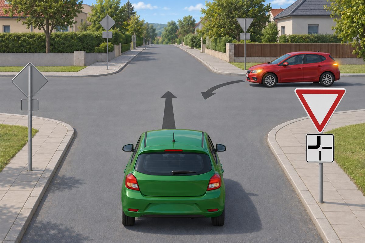 Rear view of a green car with a straight-ahead arrow and a red car approaching from the right, signaling a turn toward the foreground. A downward-pointing white triangle with a red border and a plate with a thick top-to-left route stand on the near right.