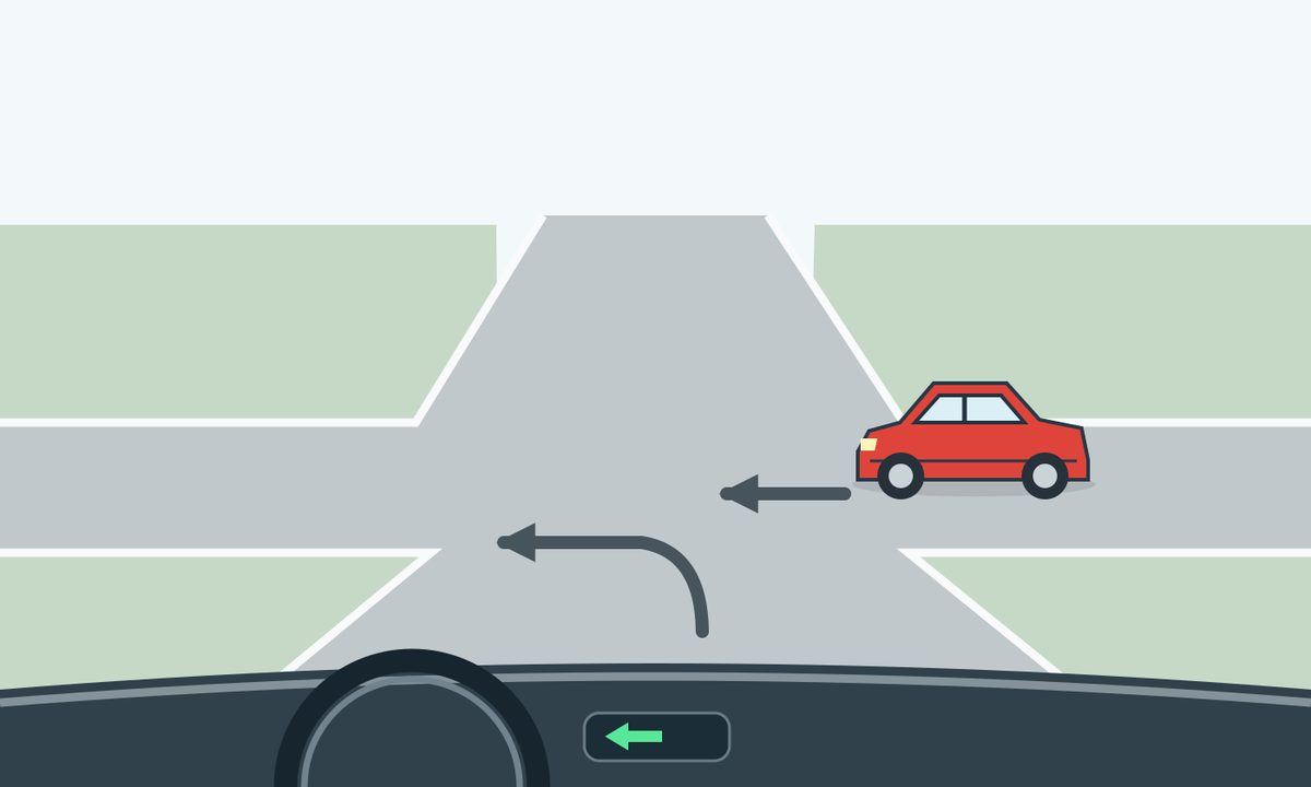 Driver view at an unsigned four-way junction, with a left-curving foreground arrow, green left dashboard arrow and a single red car at the right beside an arrow pointing left.