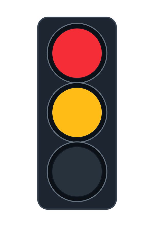 Vertical three-lamp traffic signal with the red and amber lamps illuminated together.