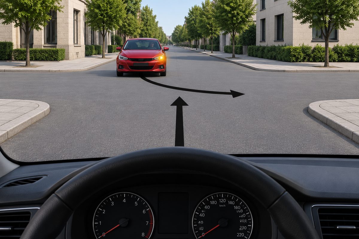Windscreen view of an unmarked crossroads with an oncoming red car, its screen-right amber lamp lit and a black arrow curving right across a straight-ahead arrow from the foreground. Dashboard arrows are unlit.